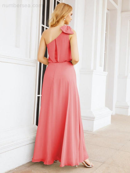 Numbersea Chiffon Ruffled One Shoulder Sleeveless Long Bride Dresses A-line Formal Evening Gown Side Split 28057-numbersea