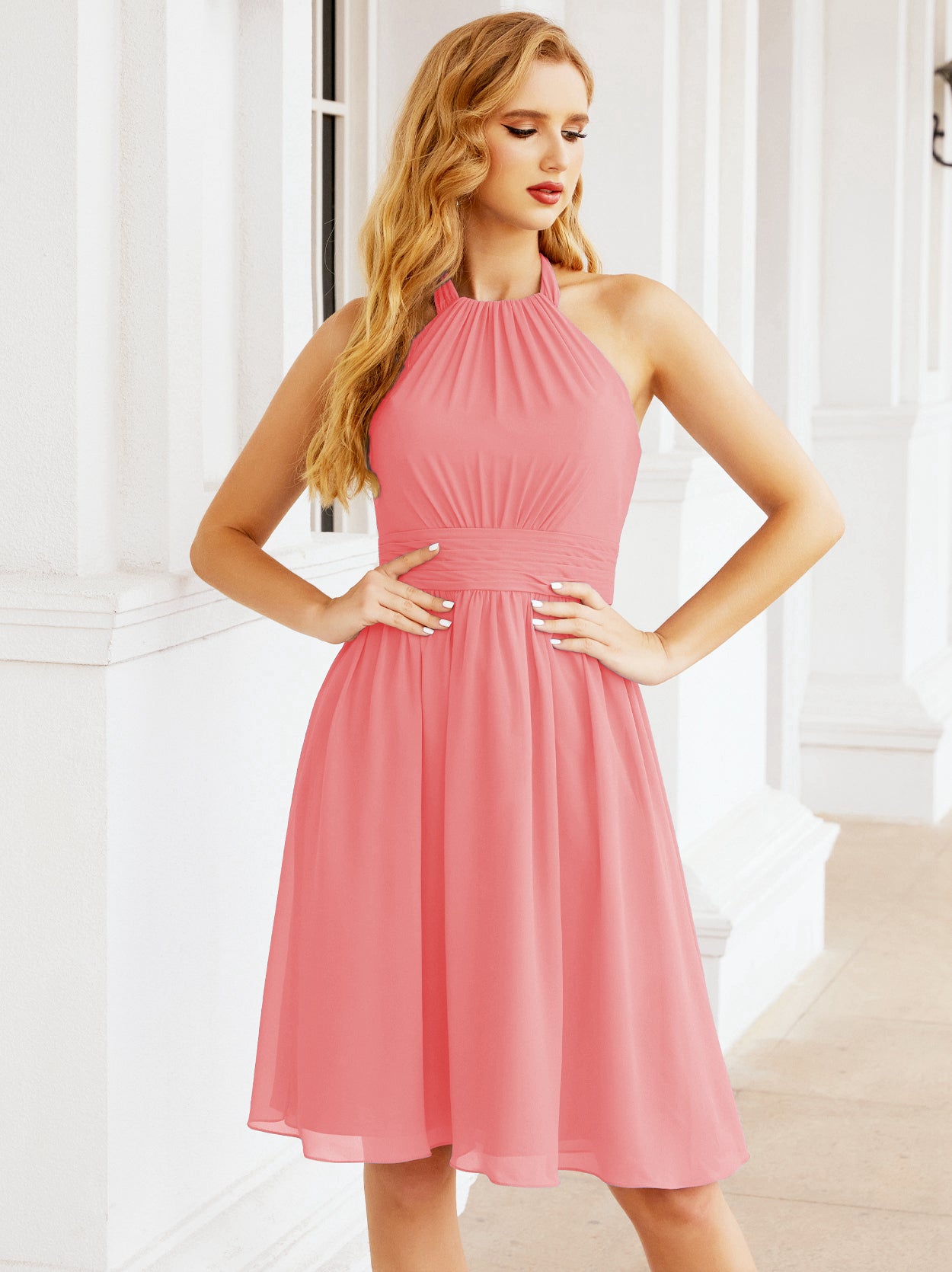 Numbersea Halter Chiffon Bridesmaid Dresses Short Sleeveless Formal Party Dress Open Back 28023