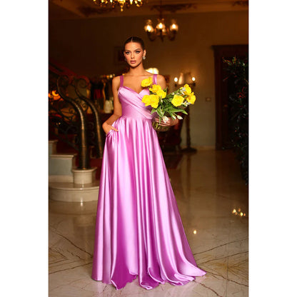 Simple V-Neck Sleeveless Ruched Satin A-Line Long Prom Evening Dress