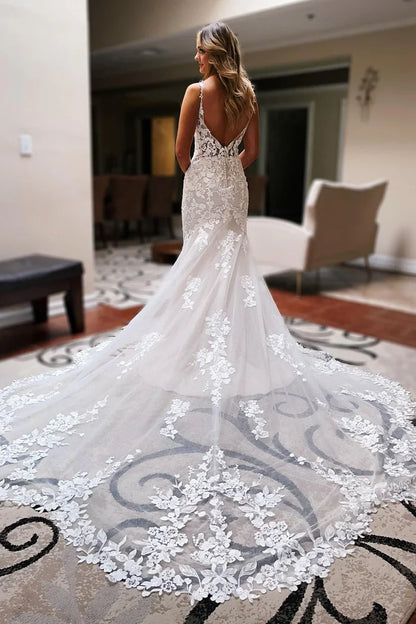 Wedding Dress Ivory Backless Sleeveless Lace Mermaid Long