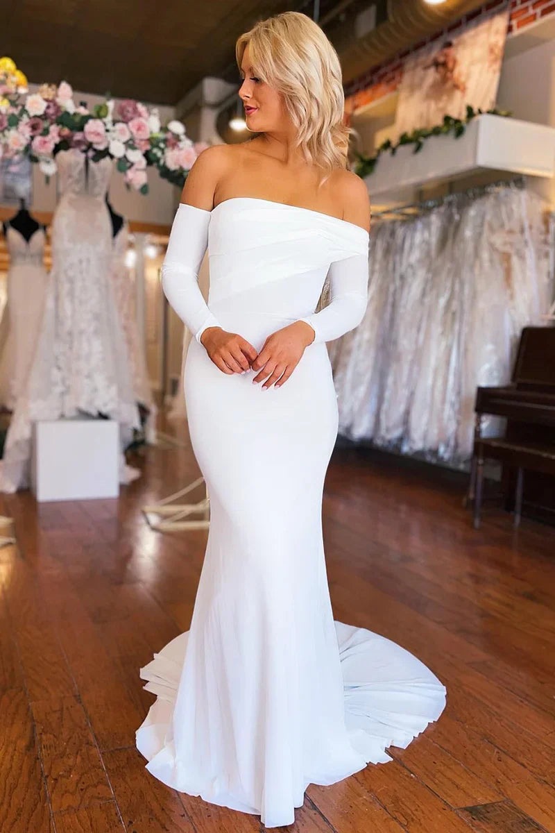 Wedding Dress Simple White Mermaid Long with Sleeves