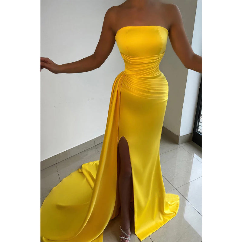 Strapless Pleats Side Slit Yellow Long Prom Formal Gowns