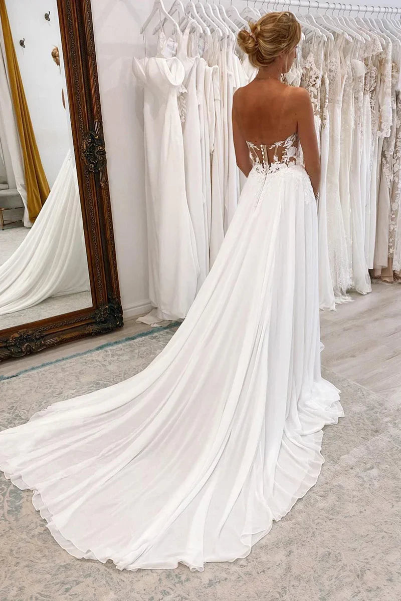 Wedding Dress White Sweetheart Long Lace with Slit