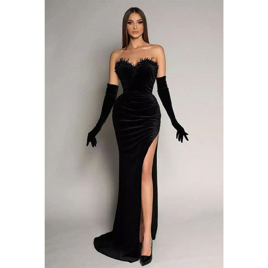 Strapless Beaded Satin Pleats Long Sleeves Prom Dress with Slit Evening Gowns