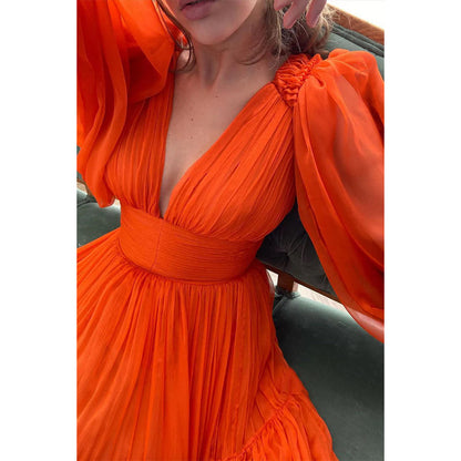 Sexy A-Linien-Abendkleid aus orangefarbenem Tüll mit tiefem V-Ausschnitt und langen Ärmeln 