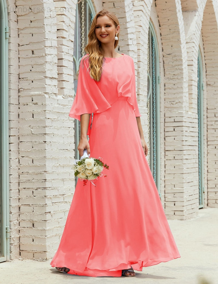 Numbersea Bridesmaid Dress Women Long Sleeve V-Neck Chiffon Formal Wedding Party 28018