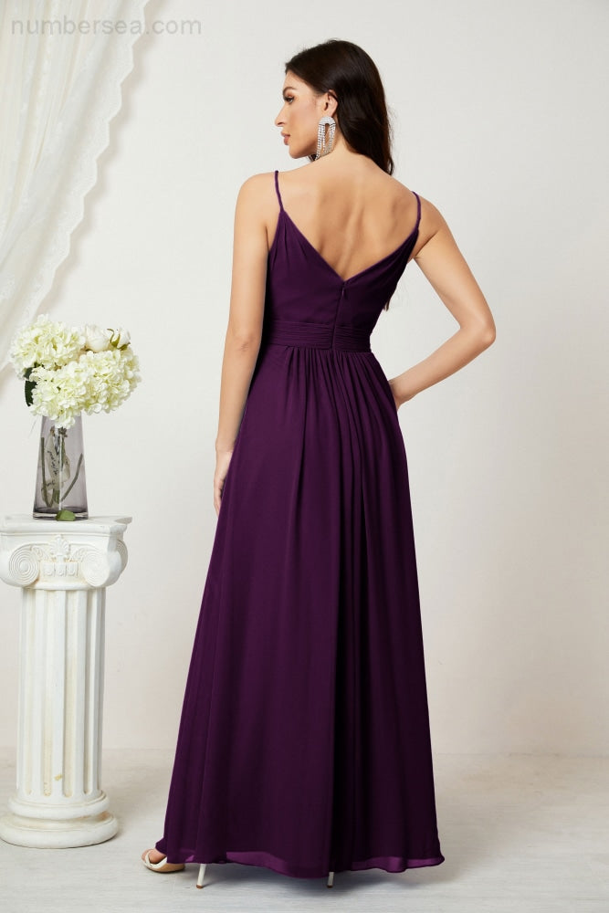 Numbersea Chiffon V-Neck Bridesmaid Dress Spaghetti Strap Long Formal Party Prom Gowns with Slit 28010-numbersea