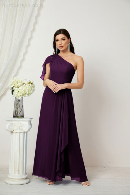 Numbersea Chiffon Ruffled One Shoulder Long Bridesmaid Dresses A-Line Formal Evening Gown Side Split