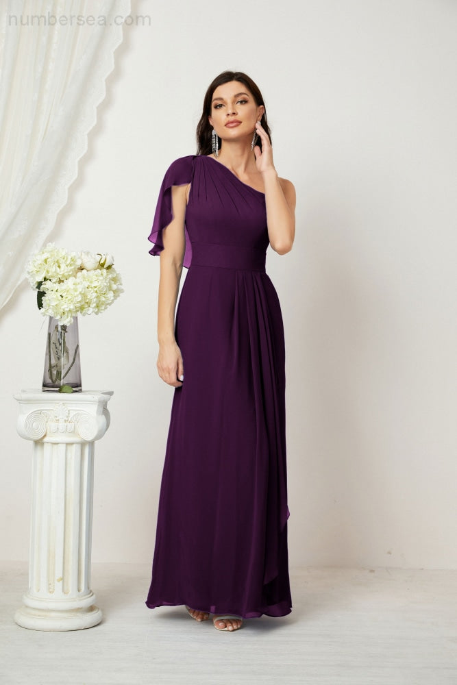Numbersea Chiffon Ruffled One Shoulder Long Bridesmaid Dresses A-Line Formal Evening Gown Side Split