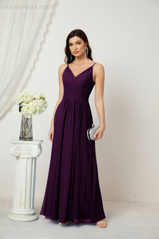 Numbersea Chiffon V-Neck Bridesmaid Dress Spaghetti Strap Long Formal Party Prom Gowns with Slit 28010-numbersea