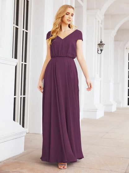 Numbersea V-Neck Bridesmaid Dresses Long Cap Sleeves Prom Evening Formal Gowns 28071-numbersea