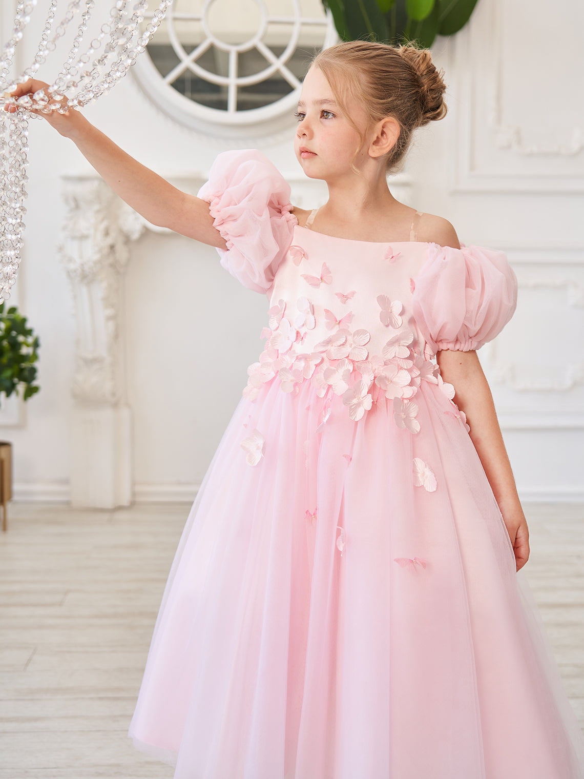 Puffy Sleeves Off-Shoulder 3D Floral Appliques Tulle Tea-length Flower Girl Dress