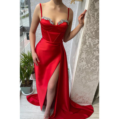 Spaghetti Straps Sweetheart Beads Red Long Prom Formal Dress