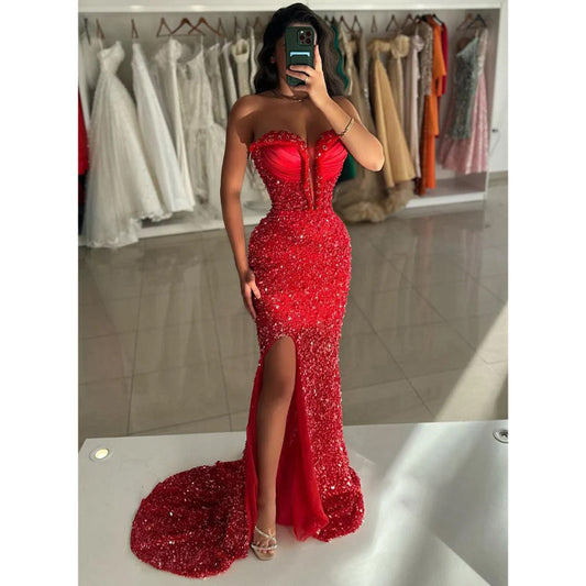 Chic & Modern Strapless Beaded Red Long Formal Dress Floor Length