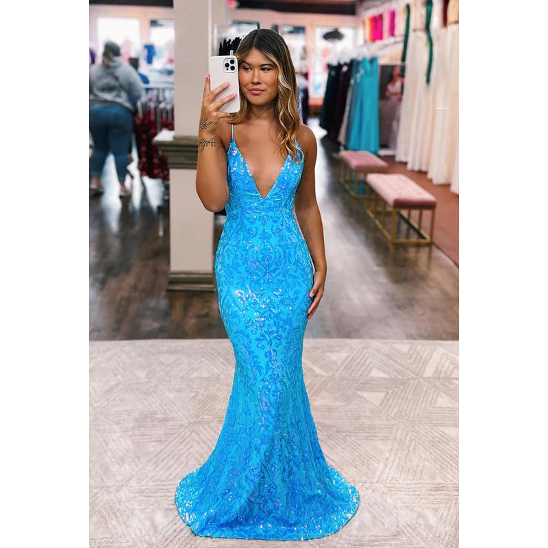 Spaghetti Straps V-Neck Sequins Applique Mermaid Party Prom Dress