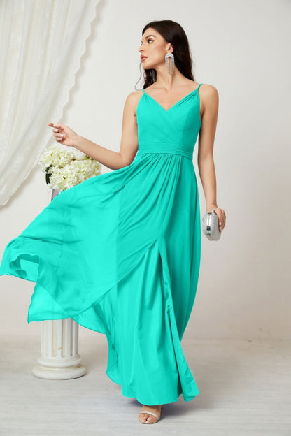 Numbersea Chiffon V-Neck Bridesmaid Dress Spaghetti Strap Long Formal Party Prom Gowns with Slit 28010-numbersea