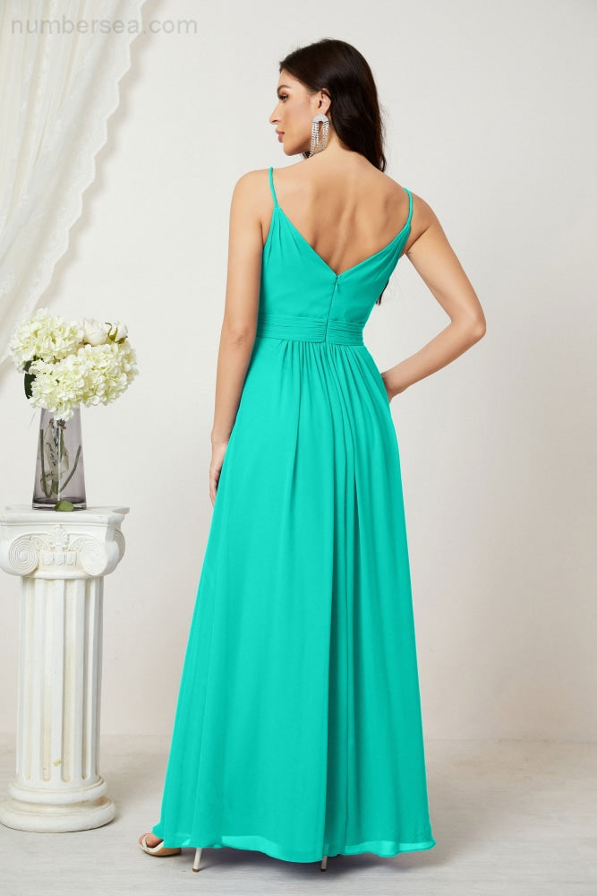 Numbersea Chiffon V-Neck Bridesmaid Dress Spaghetti Strap Long Formal Party Prom Gowns with Slit 28010-numbersea