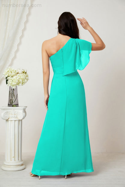 Numbersea Chiffon Ruffled One Shoulder Long Bridesmaid Dresses A-line Formal Evening Gown Side Split 2809-numbersea