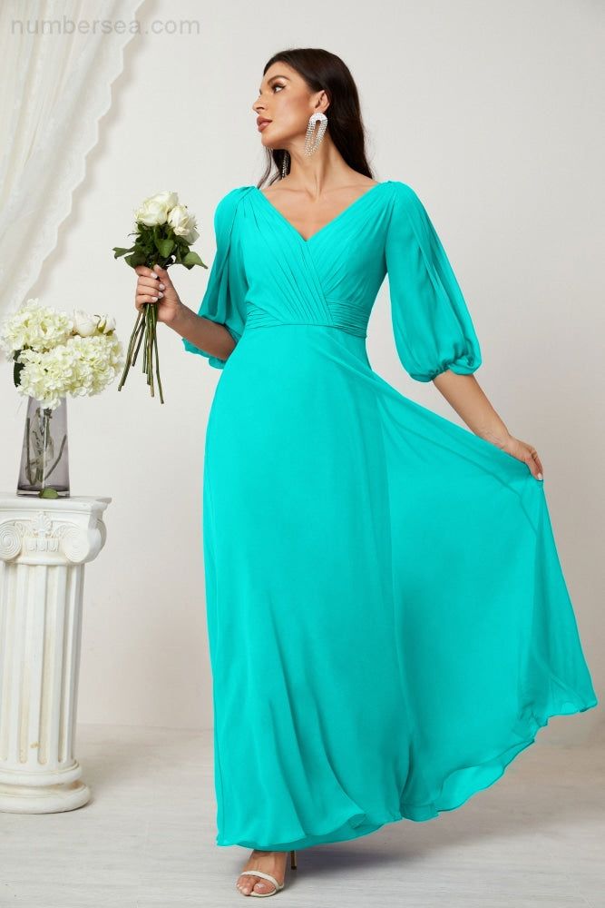 Numbersea Formal Prom Gown Women V-Neck Chiffon Bridesmaid Dresses Long Bishop Sleeve Party Dress 2807-numbersea