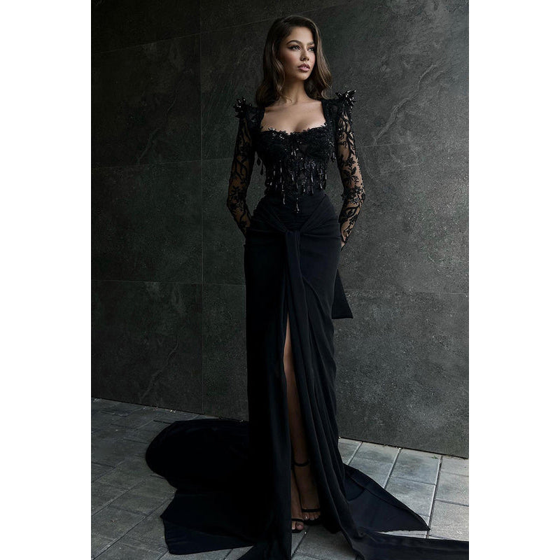 Square Neck Long Sleeves Lace Beaded Mermaid Long Evening Dress With Slit