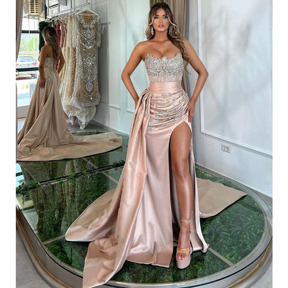 Unique Strapless Luxury Beads Mermaid Formal Evening Dress with Slit