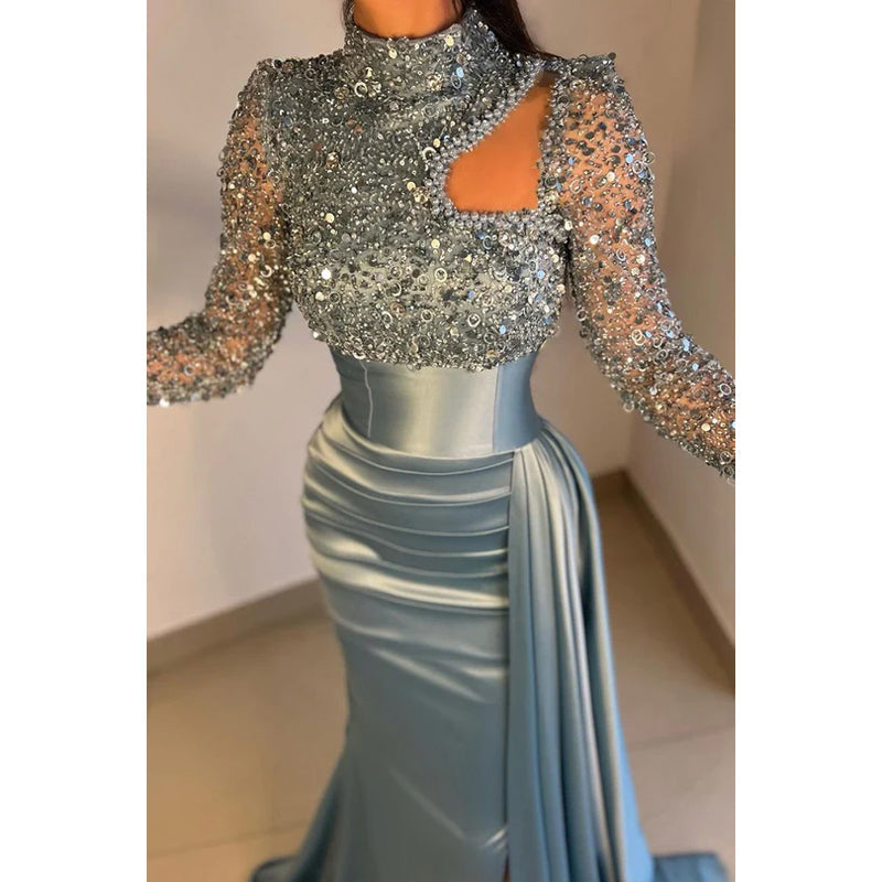 Glamorous Dramatic High Neck Long Sleeves Sheath Formal Prom Dress with Sequined