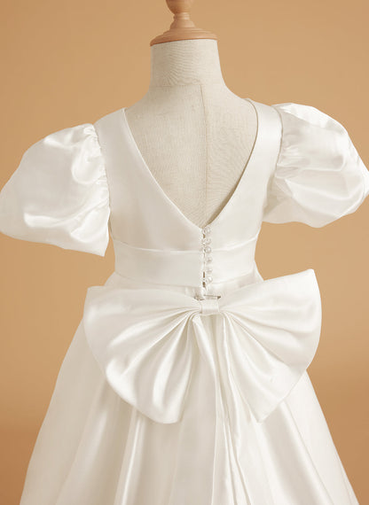 Puff Sleeve Bow Button Back Sweep Train Flower Girl Dress