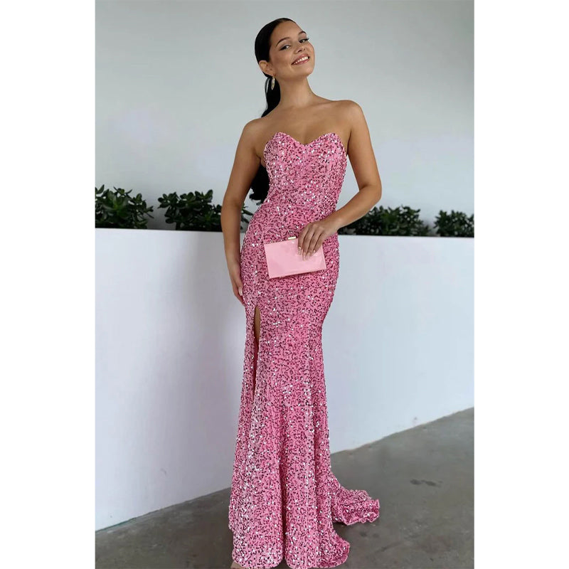 Sexy langes Ballkleid mit V-Ausschnitt, rosa Pailletten und Schlitz 