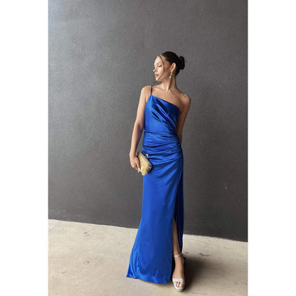 Sheath/Column One Shoulder Satin Pleats Backless Sleeveless Evening Dress