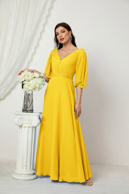 Numbersea Formal Prom Gown Women V-Neck Chiffon Bridesmaid Dresses Long Bishop Sleeve Party Dress 2807-numbersea