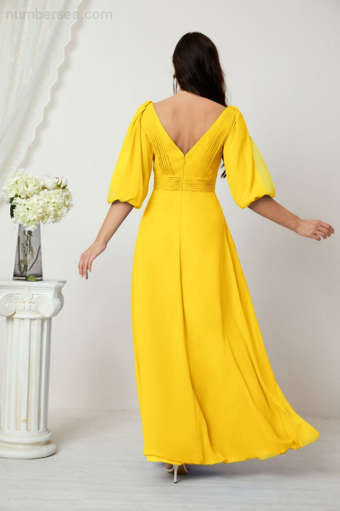 Numbersea Formal Prom Gown Women V-Neck Chiffon Bridesmaid Dresses Long Bishop Sleeve Party Dress 2807-numbersea