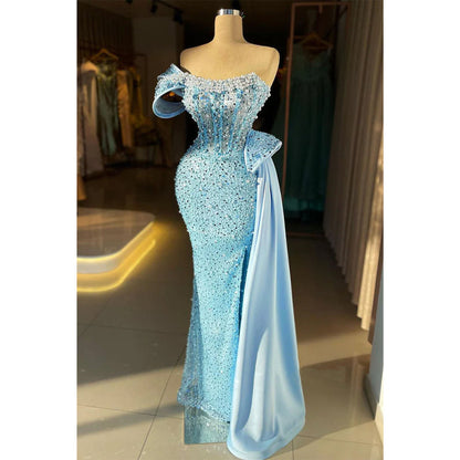 Elegant & Luxurious Blue One Shoulder Beaded Embroidered Prom Dress