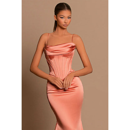 Spaghetti Straps Scoop Pleated Long Mermaid Prom Formal Dress