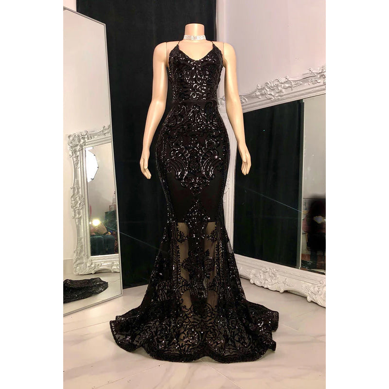 Sexy & HotMermaid Halter V-Neck Sleeveless Slit Sequins Evening Prom Dress