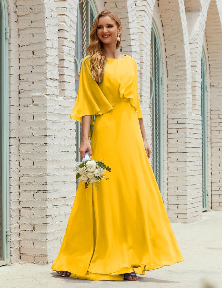 Numbersea Bridesmaid Dress Women Long Sleeve V-Neck Chiffon Formal Wedding Party 28018