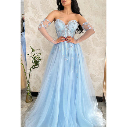 Sweetheart Strapless Appliqued Beaded Tulle A-Line Long Evening Dress