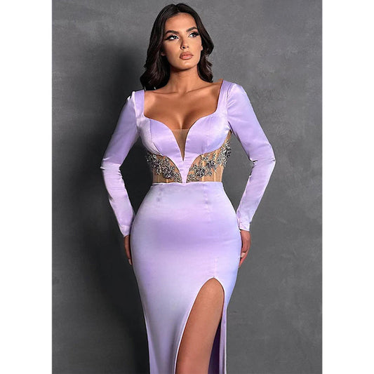 Sexy Deep V Neck Beads Long Sleeves Mermaid Formal Evening Gowns