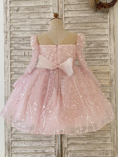 Girls Pink Sequined Tulle Princess Dress with Long Sleeves and Oversized Bow