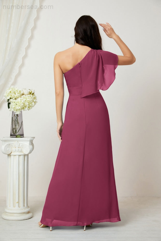 Numbersea Chiffon Ruffled One Shoulder Long Bridesmaid Dresses A-line Formal Evening Gown Side Split 2809-numbersea