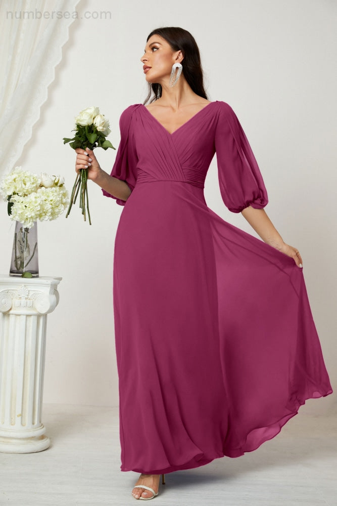 Numbersea Formal Prom Gown Women V-Neck Chiffon Bridesmaid Dresses Long Bishop Sleeve Party Dress 2807-numbersea