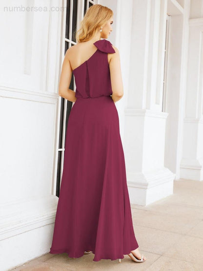 Numbersea Chiffon Ruffled One Shoulder Sleeveless Long Bride Dresses A-line Formal Evening Gown Side Split 28057-numbersea