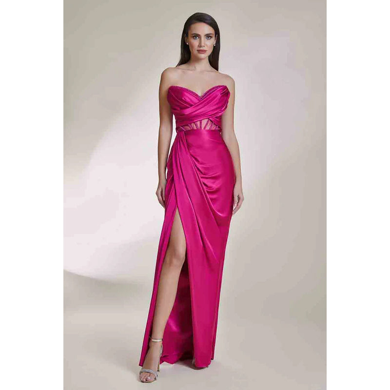 V-Neck Strapless Sleeveless Beaded Ruched Satin Sheath Long Evening Dress