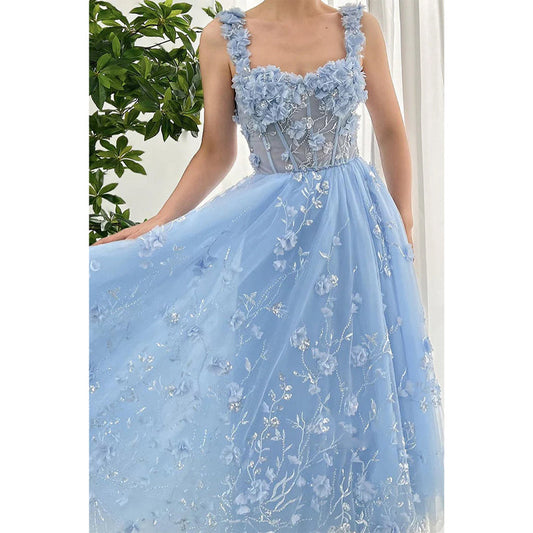 Sweetheart A-line Tulle Floral Appliqued Party Prom Evening Dress