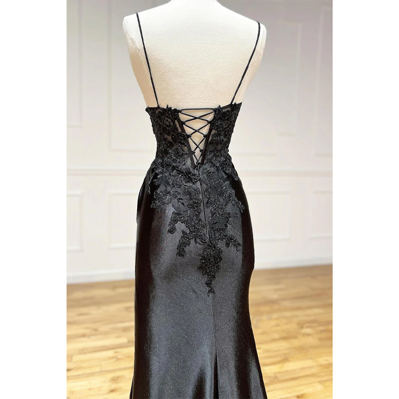 Spaghetti Straps Lace Appliques Side Slit Black Long Prom Dress