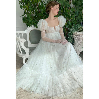 Square Neck Short Puff Sleeves Tulle A-Line Long Prom Gown