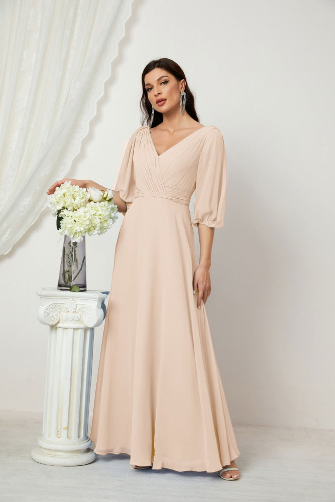 Numbersea Formal Prom Gown Women V-Neck Chiffon Bridesmaid Dresses Long Bishop Sleeve Party Dress 2807-numbersea