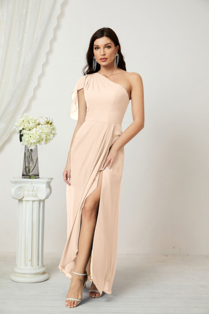 Numbersea Chiffon Ruffled One Shoulder Long Bridesmaid Dresses A-line Formal Evening Gown Side Split 2809-numbersea