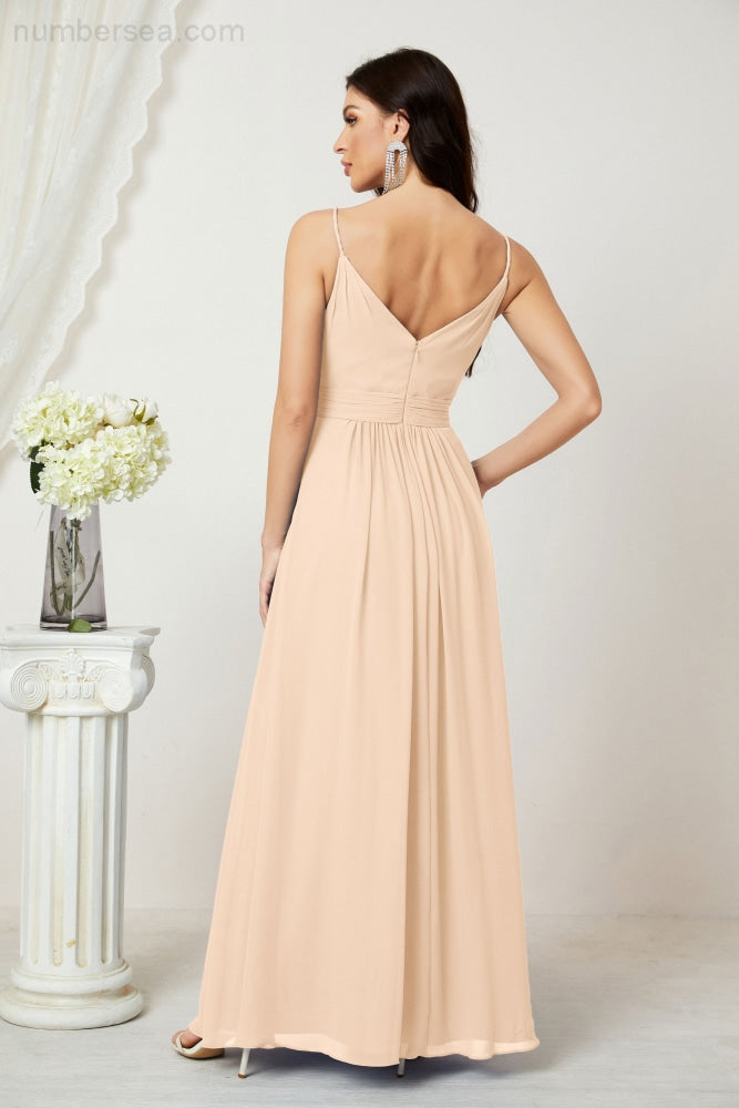 Numbersea Chiffon V-Neck Bridesmaid Dress Spaghetti Strap Long Formal Party Prom Gowns with Slit 28010-numbersea