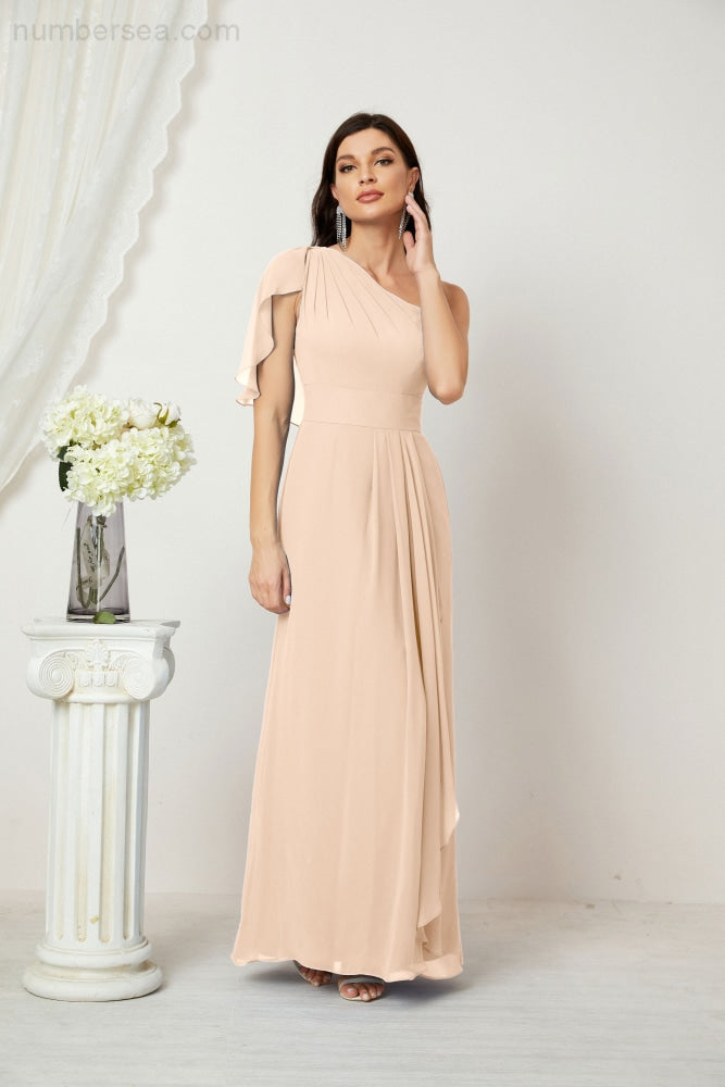 Numbersea Chiffon Ruffled One Shoulder Long Bridesmaid Dresses A-line Formal Evening Gown Side Split 2809-numbersea