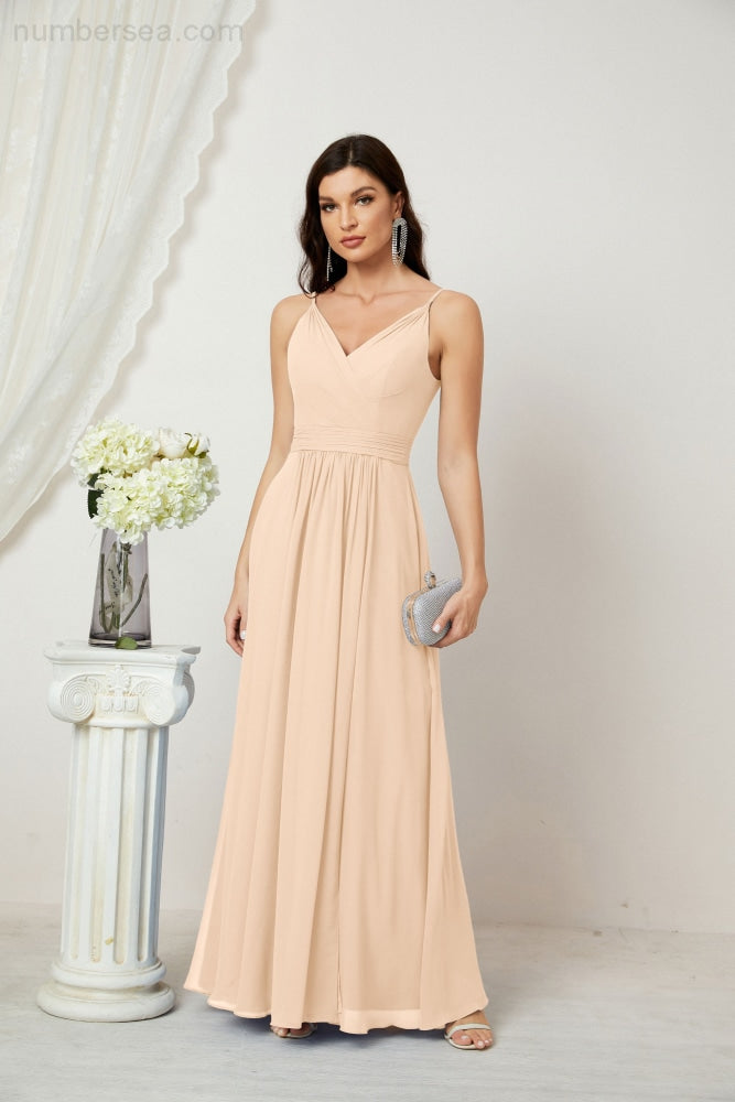 Numbersea Chiffon V-Neck Bridesmaid Dress Spaghetti Strap Long Formal Party Prom Gowns with Slit 28010-numbersea